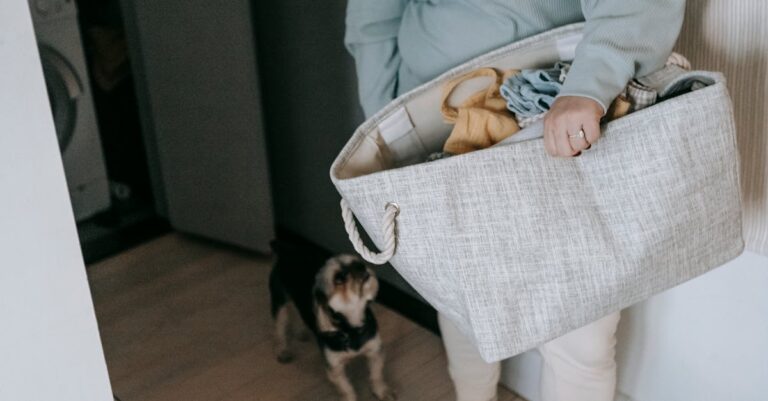 A woman carries a laundry basket with clothes, accompanied by a small dog in a modern home.