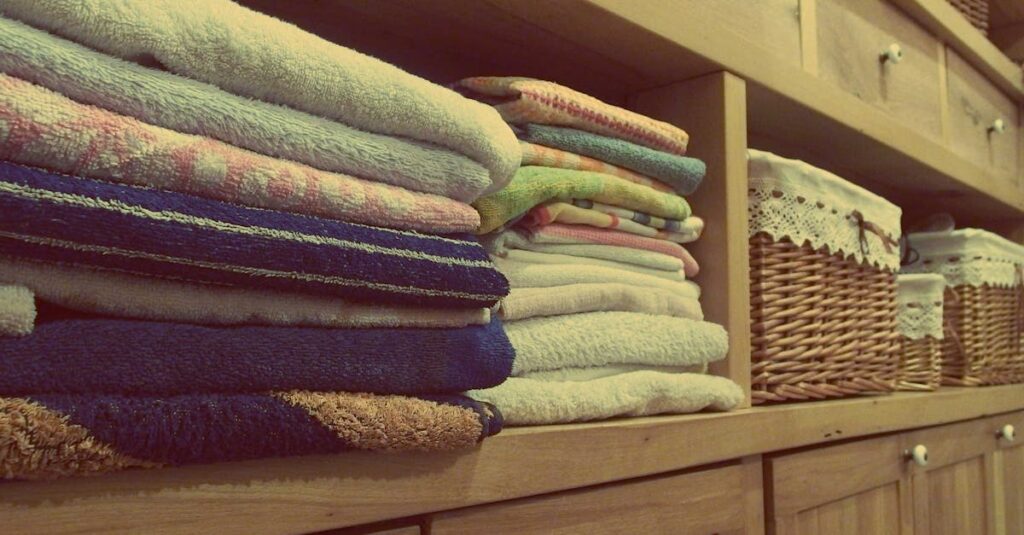 Tidy wooden cabinet with neatly stacked towels and decorative baskets in an indoor setting.