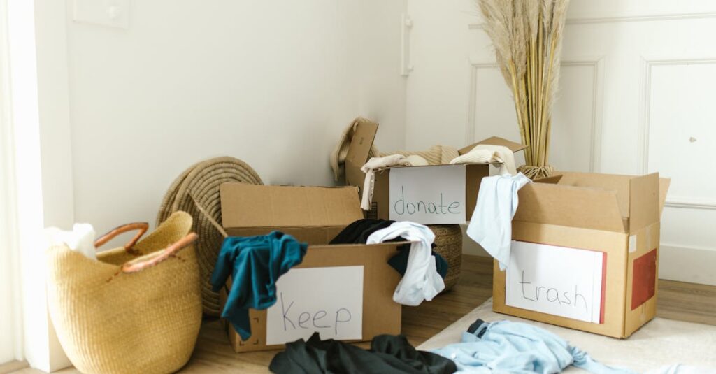 Cardboard boxes labeled 'Keep', 'Donate', and 'Trash' for home decluttering.